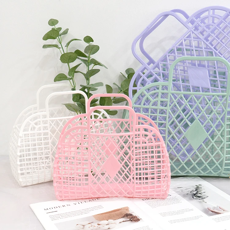 New Arrival Colorful Organizer Plastic Hollowed-out Storage PE  Customized Kitchen Folding collapsible Shopping hand Basket