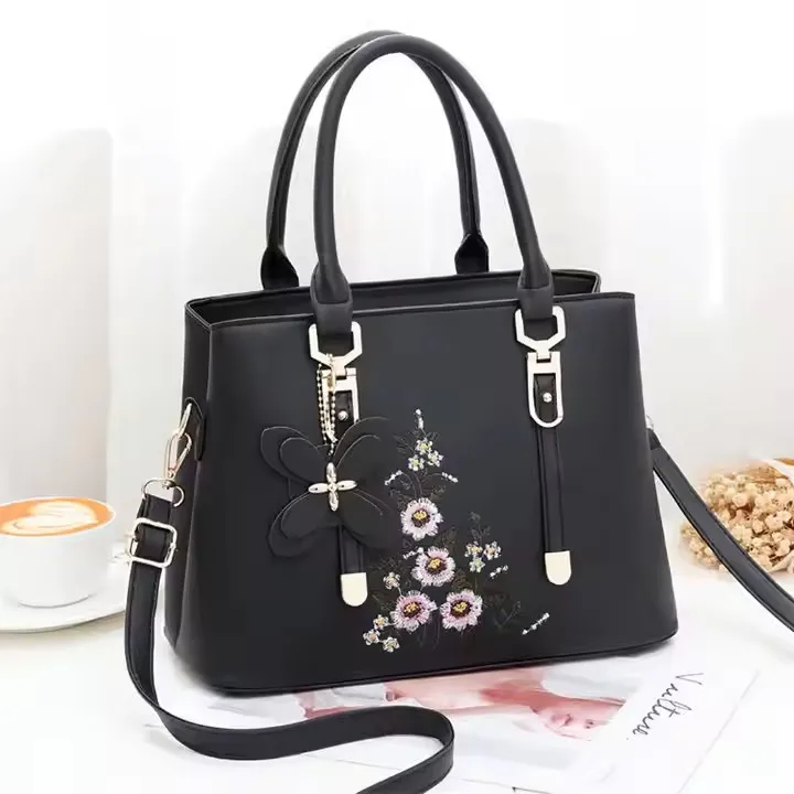 RU Navy blue embroidered floral office large designs tote shoulder handbags for women wholesale