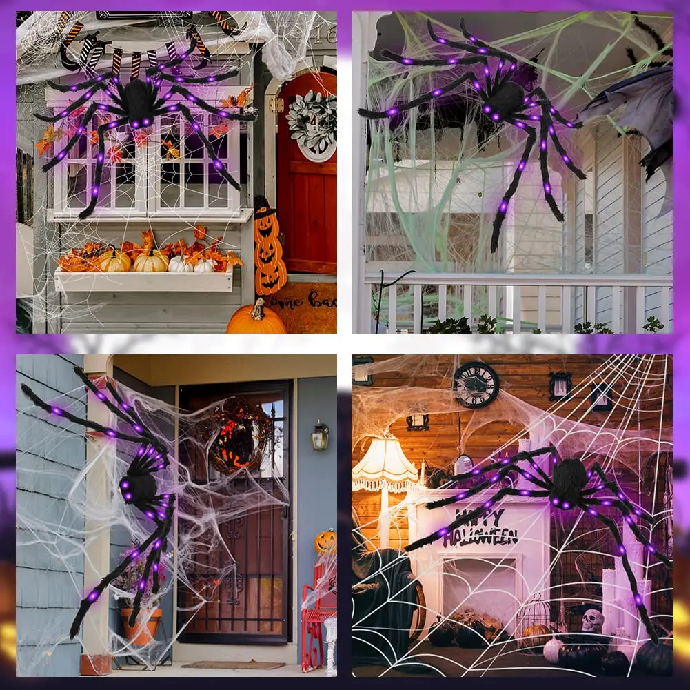 4ft Purple LED Spider Fake Giant Halloween Outside House Decor Light up Black Hairy 125cm Creepy Spiders for Party Haunted