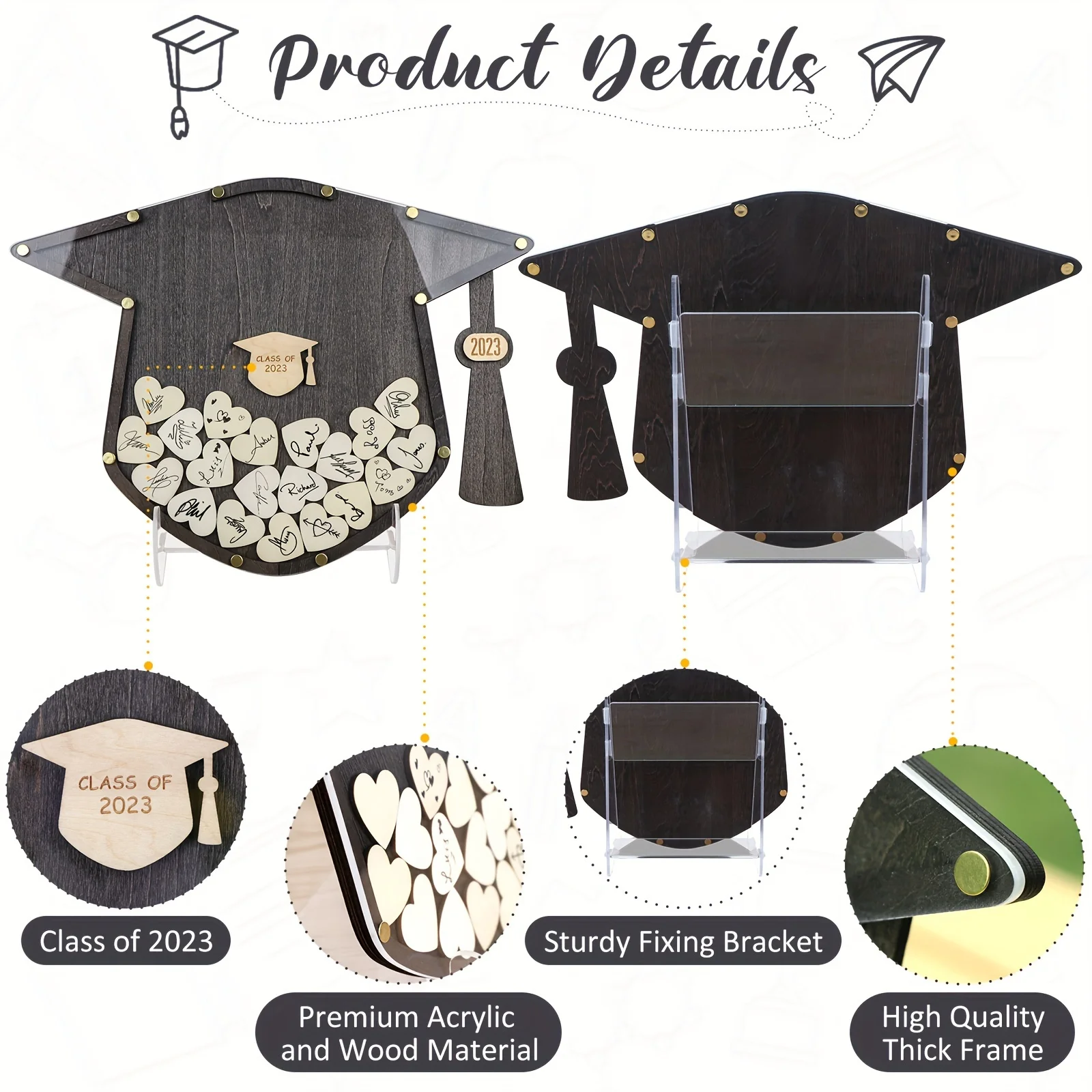 2024 Graduation Gift Wooden Photo Frame Wooden Picture Frame 60 Hearts Perfect 2024 College High School Class Decoration