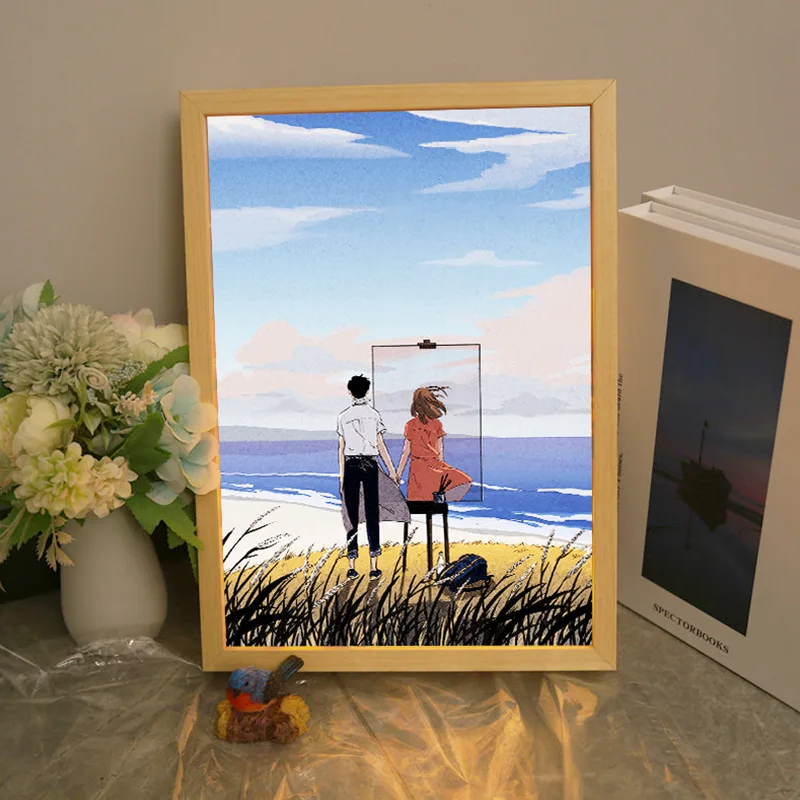 Customize 3D Creatives Acrylic Board Led Art Wood Frame Wall Painting Sunshine Picture Mood Light Bedroom Decoration