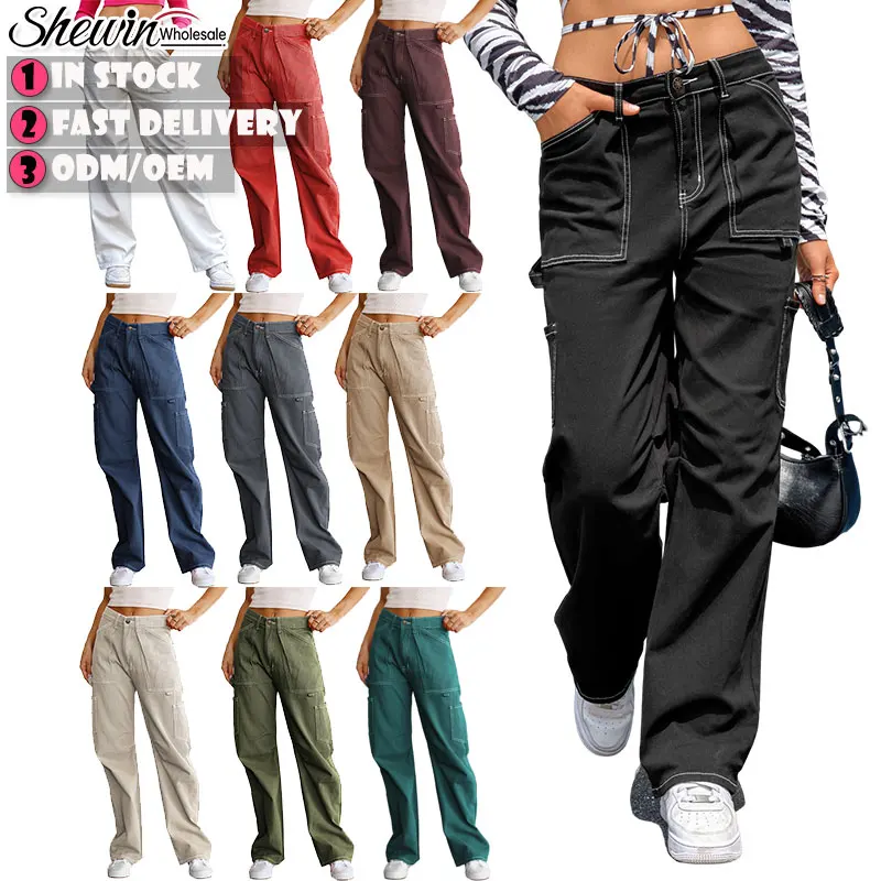 Fashion Casual High Waist Ladies Jogger Pants Pockets Black Cargo Pants Women
