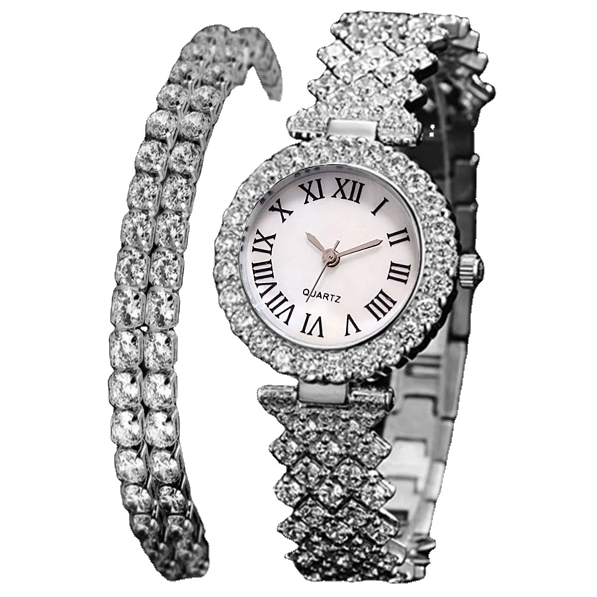 2021 Си Мода Bling из горного хрусталя класса люкс льдом женские кварцевые часы с браслетом с браслет набор