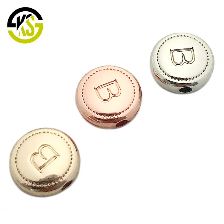 Fashion charms custom engraved round metal beads letter logo jewelry tags for pendant