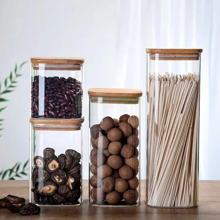 Kitchen Canisters Glass Food Storage Jars with Bamboo Wooden Lids For Sugar,Candy Containers