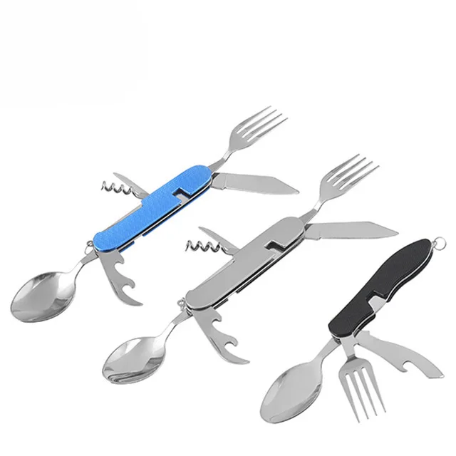 6-in-1 Outdoor Portable Cutlery Set Stainless Steel Foldable Knife Fork Spoon for Camping Picnic Fixed Flatware Sets