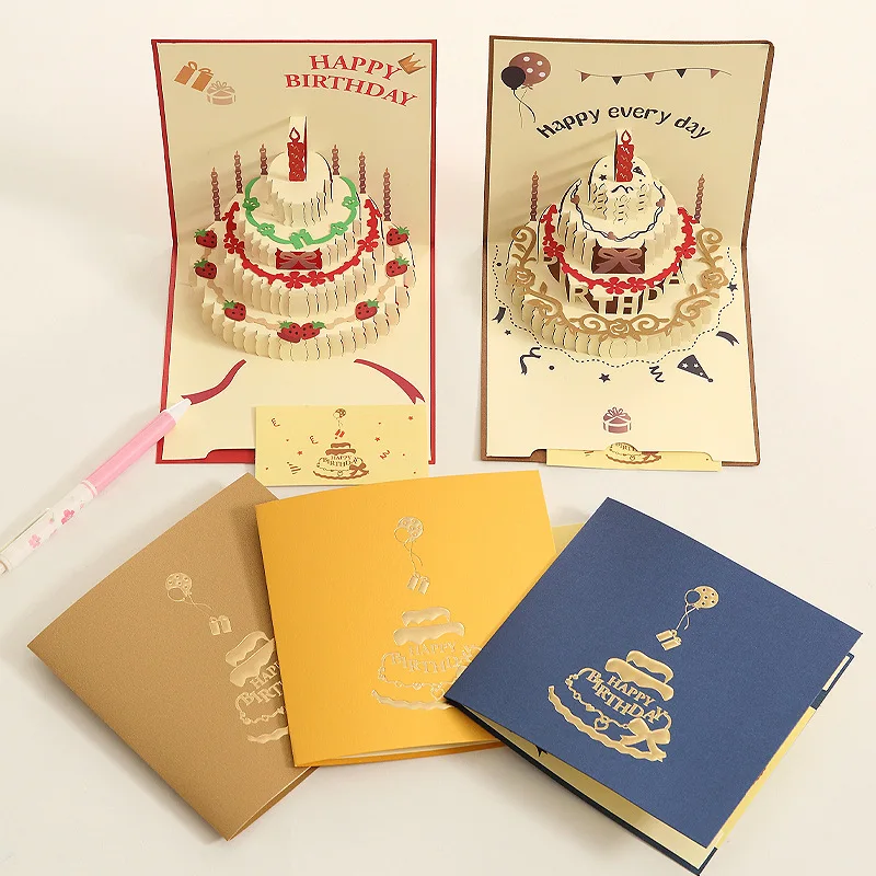 Customized New Creative Birthday Cake Blessing Cards 3D Pop Up Stereoscopic Greeting Cards