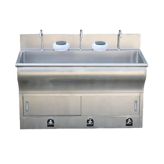 Durable high-quality 304 stainless steel three-person low-back medical sink with gooseneck faucet