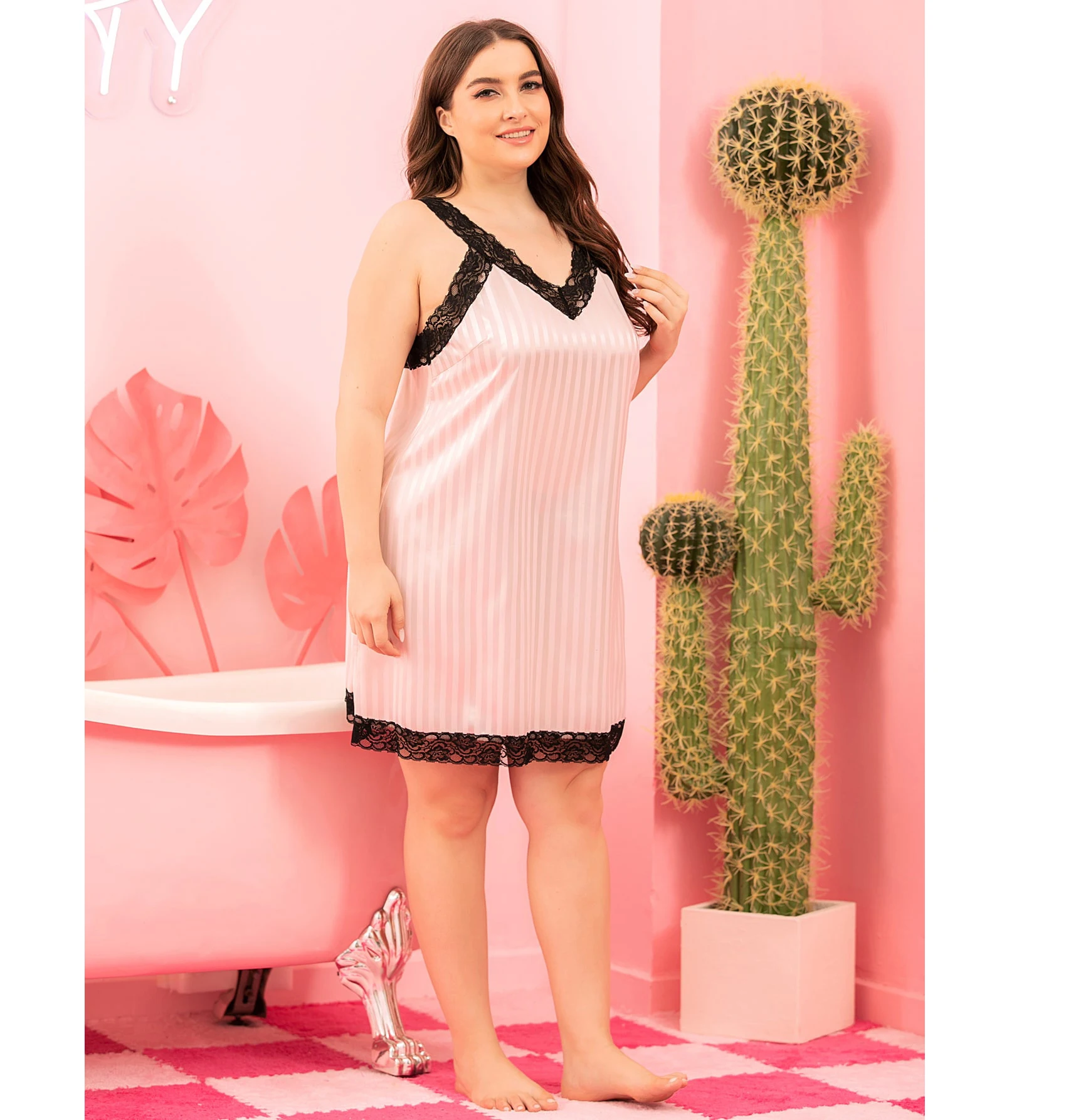 Plus Size Pink Sexy Back Strap Nightgown Women Lingerie Night Pyjamas Satin Silk Sleepwear for Women