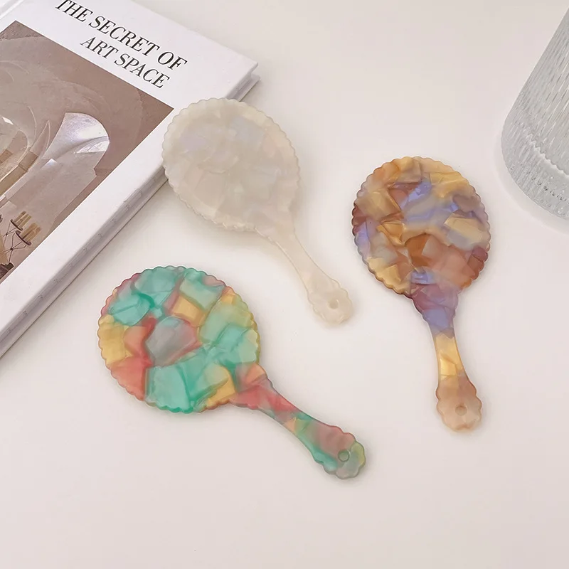 Custom Logo Round Acetate Pocket Hand Mirror Lovely Pink Marbling Color Acetate Cosmetic Handheld Mirror with Handle