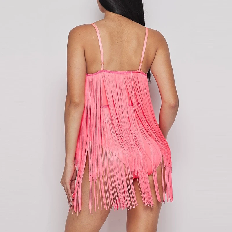 Adjustable Straps Wired V-neck Neon Fringe V-Neck Mini Dress Women Trendy Bodysuits