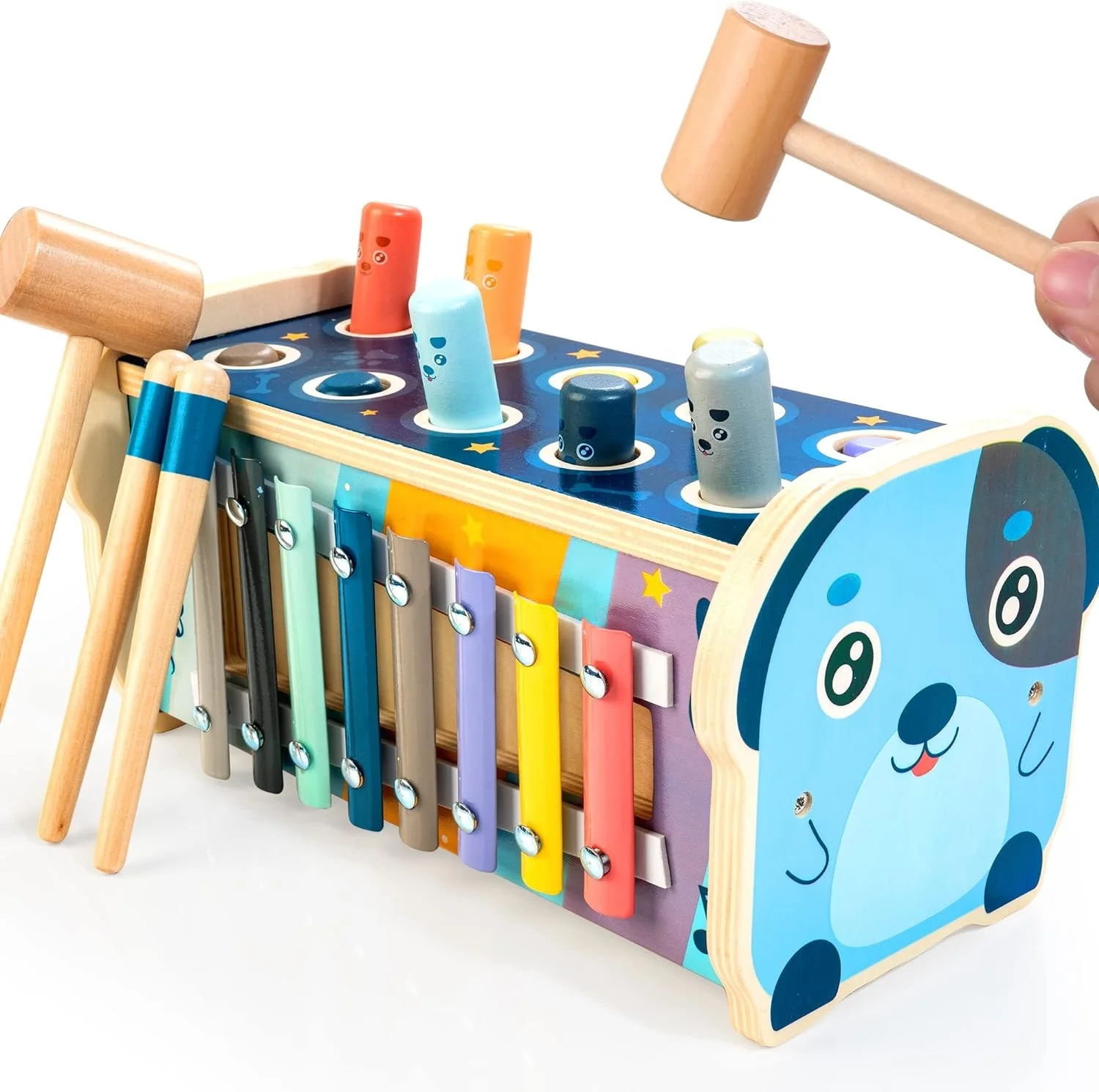 C02224 Hot selling Wooden Hammer Toys Dog Xylophone knocking mouse toys Music set 4 in 1 educational toys for kids