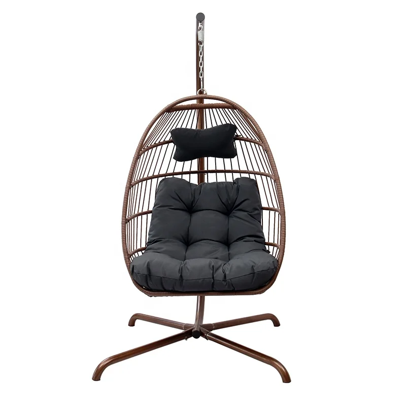 Foldable Modern Brown Garden Wicker Furniture Outdoor Patio Front Porch Rattan Metal Hanging Egg Chair with Stand