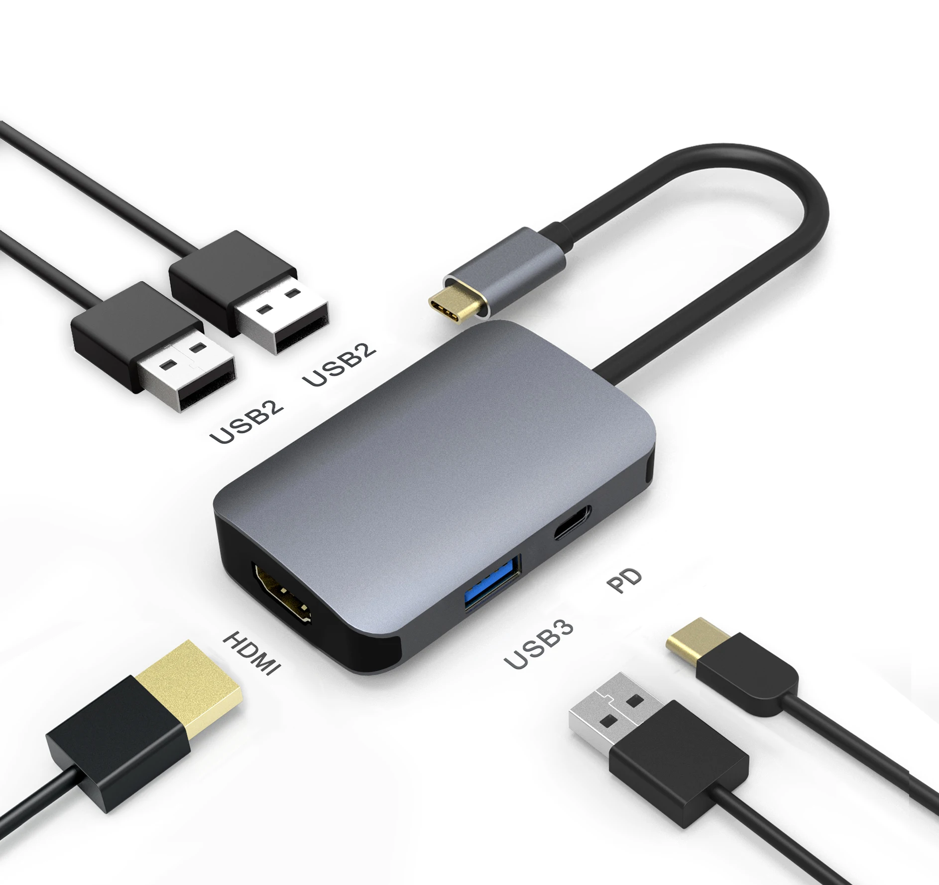 
Aluminum 5 Ports 4K @60Hz Multifunction USB-C Hub Type C USB Hub 5 in 1 with Power Delivery3.0 60W and 3*USB-A Ports 