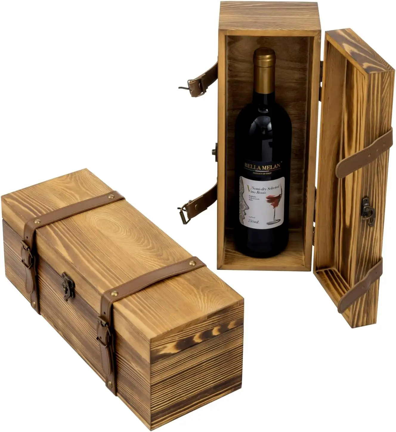 customized wholesale wine packaging gift box unfinished wood wine box with  Leatherette Buckle Straps
