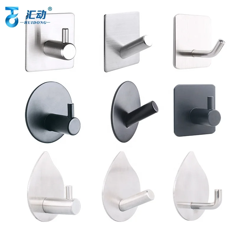 Self Adhesive Black Hanging hooks Robe Coat Towel rack Kitchen Bathroom Rustproof Heavy Duty Space Stainless Hook