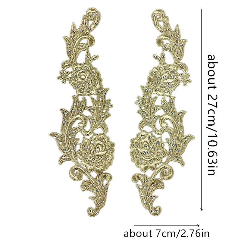 Luxury 100% Polyester Gold Silver Embroidery Lace Appliques with Rhinestone Mirror Sustainable Pair Lace for Garment or Dress