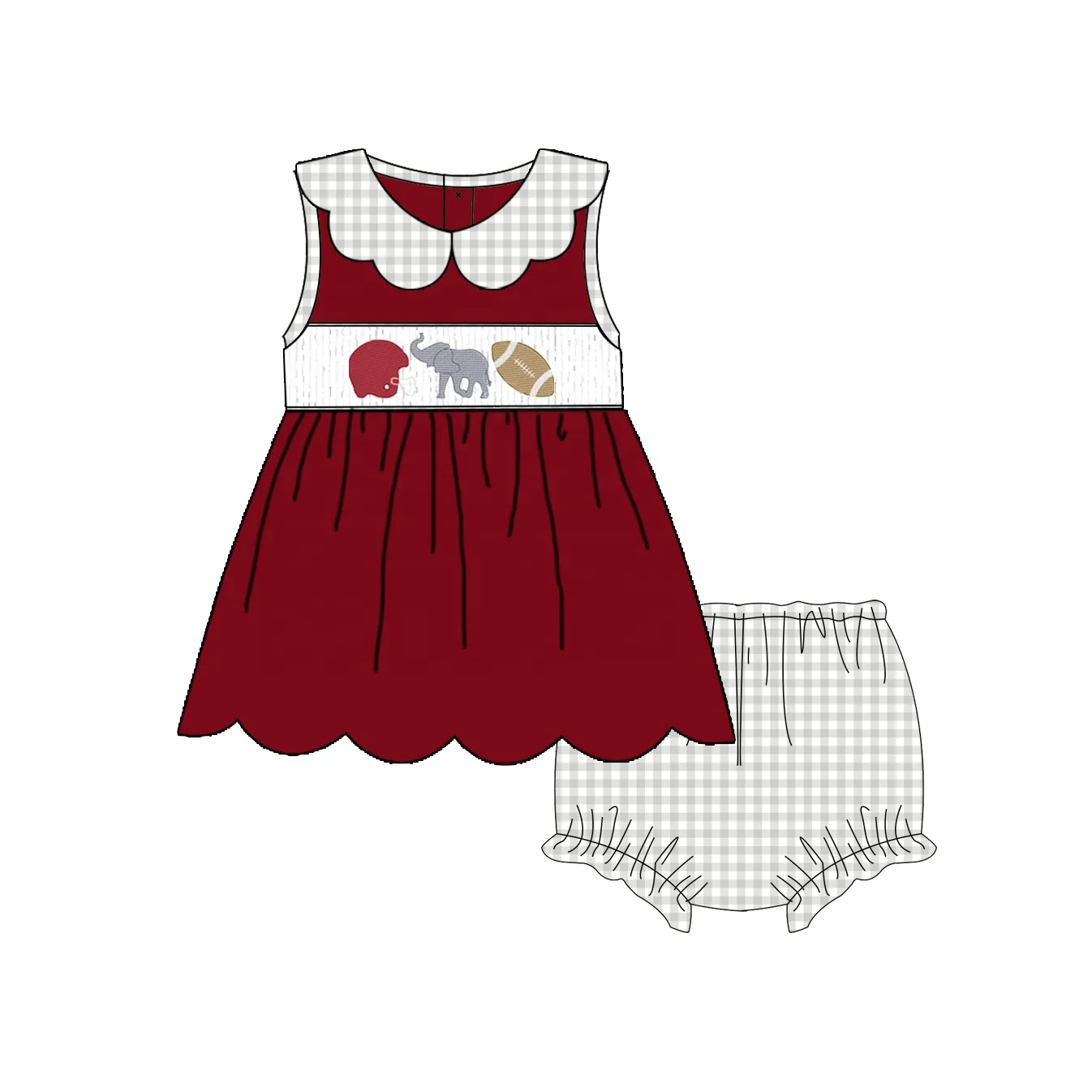 Puresun custom football team smocked children clothing scalloped collar little girl cotton dress with elephant embroidery
