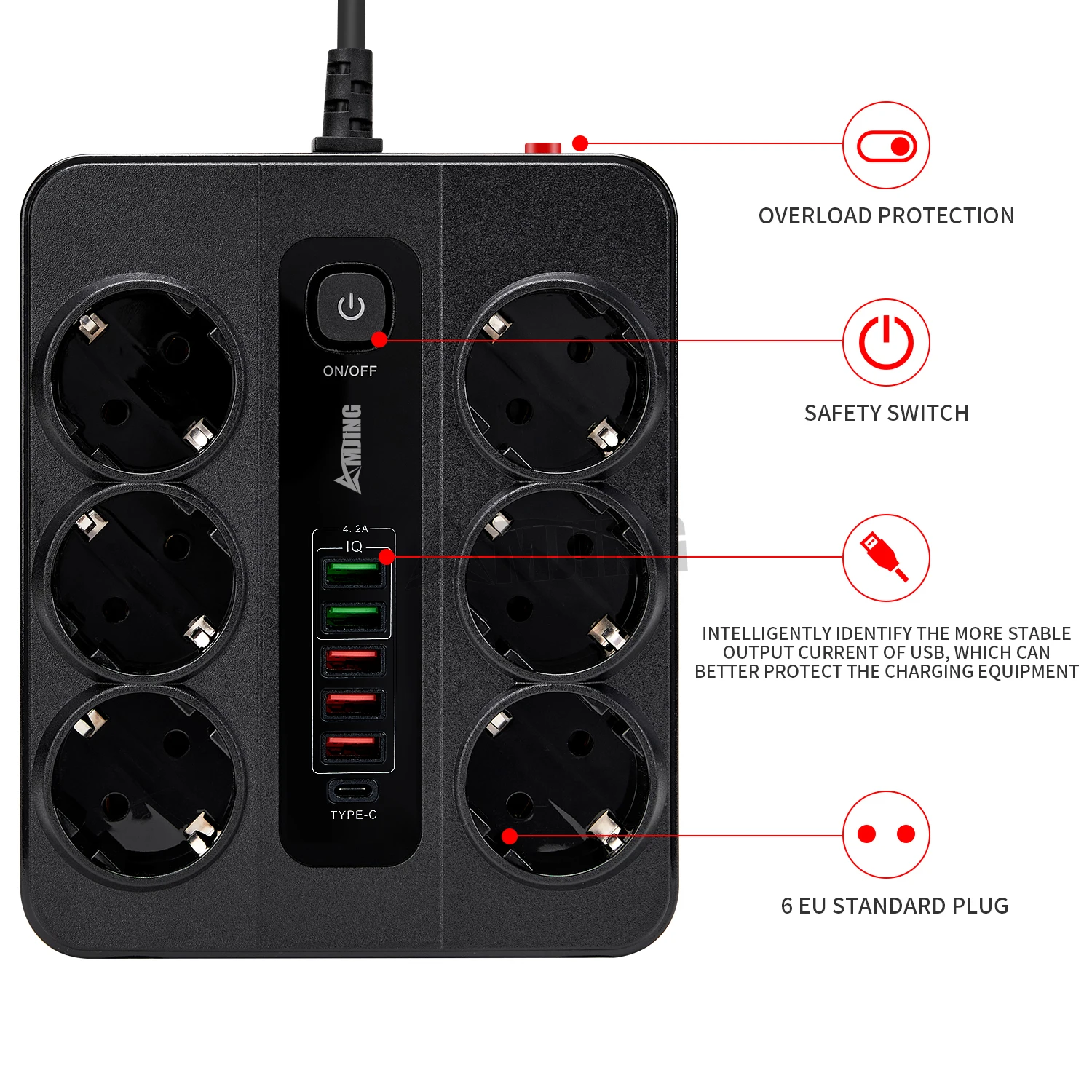 New design 6 eu plug surge protector power strip with USB type c socket