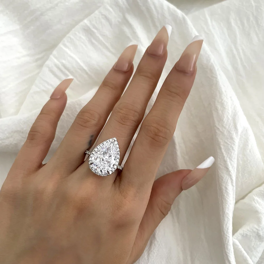 Big pear diamond ring fashion bling bling women party ring silver charm wedding rings
