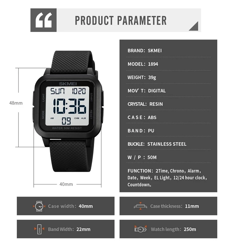 SKMEI 1894 модные китайские мужские цифровые часы Креативный сетчатый ремешок водонепроницаемый секундомер низкий минимальный заказ повседневные