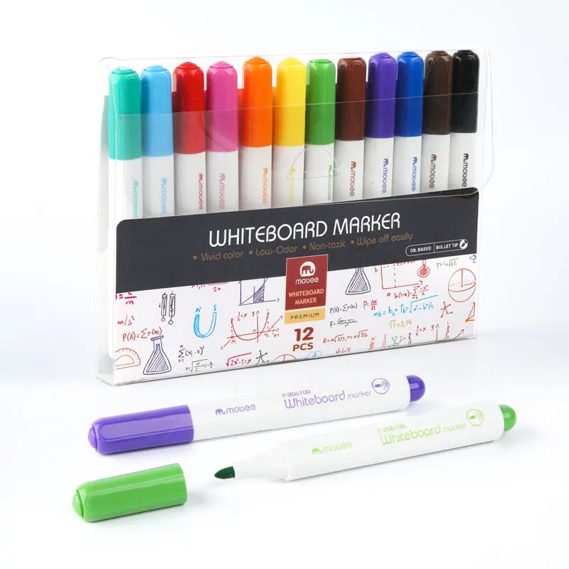 Mobee P-206100 High Quality 12 Colors Durable School Dry Erase Markers Easy Erase Non-toxic Multicolored Whiteboard Marker
