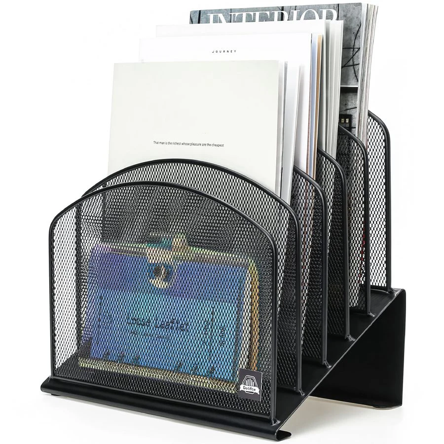 Inclined Desk File Organizer 5-Section Vertical File Folder Holder Stand Metal Rack File Sorter for Office Classroom
