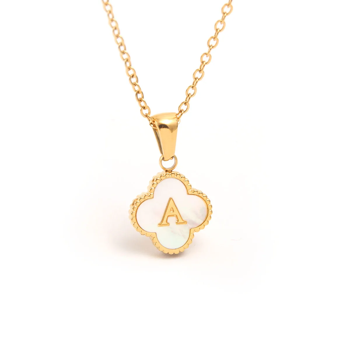 Concise Inital Alphabet Jewelry Stainless Steel Shell Four Leaf Clover 26 Letter Pendant Necklaces 18K Gold Plated Chain Choker