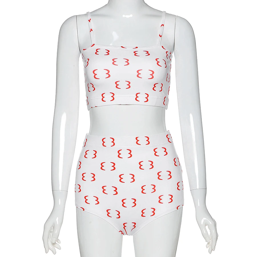 S1736666 slim printing Sports shorts tow piece set woman summer sleeveless camis crop top& shorts pure Home elastic suit