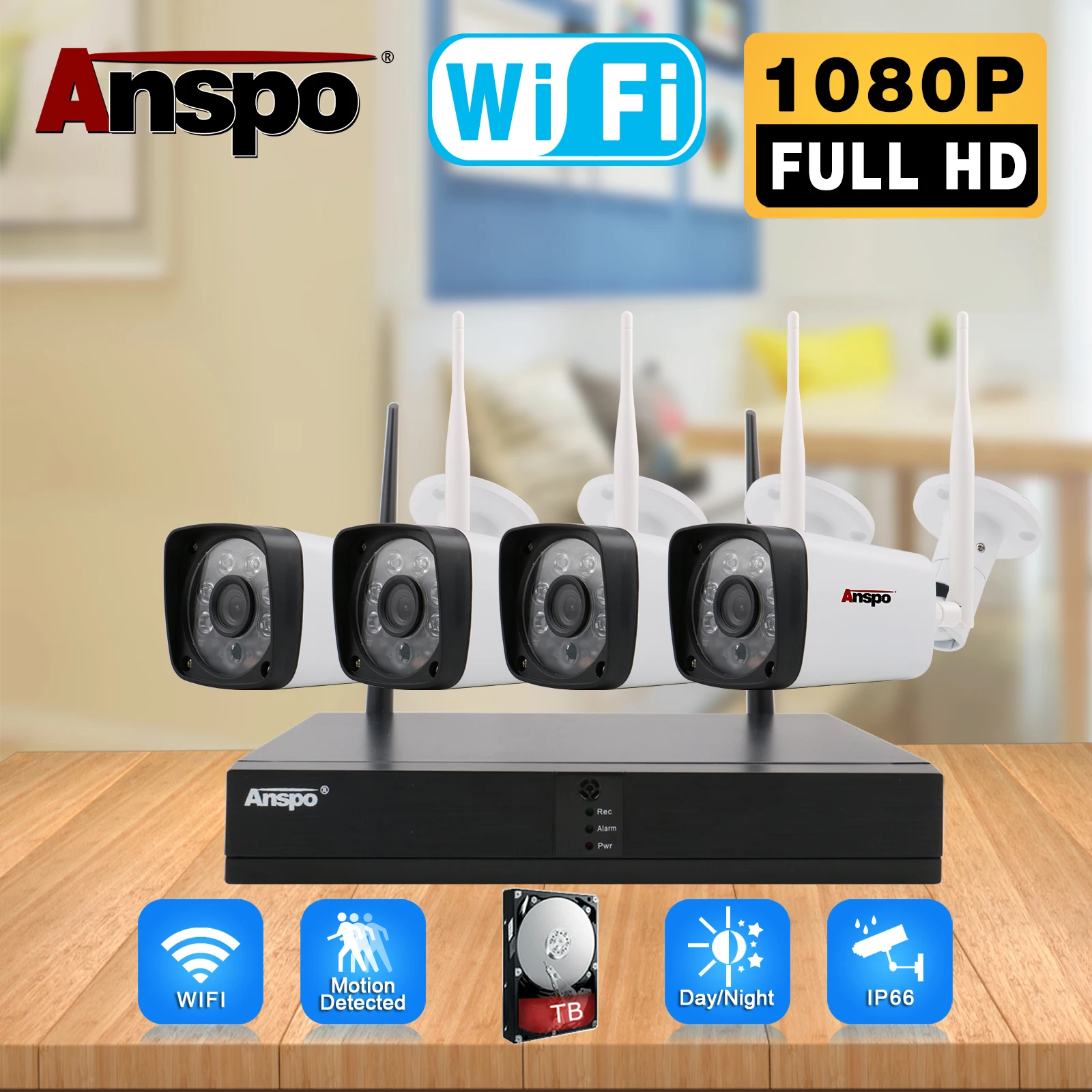 Anspo  CCTV Security Camera System 4CH 2MP 1080Ap HD Surveillance Wifi NVR  Wireless  wifi bullet IP67 waterproof network camera