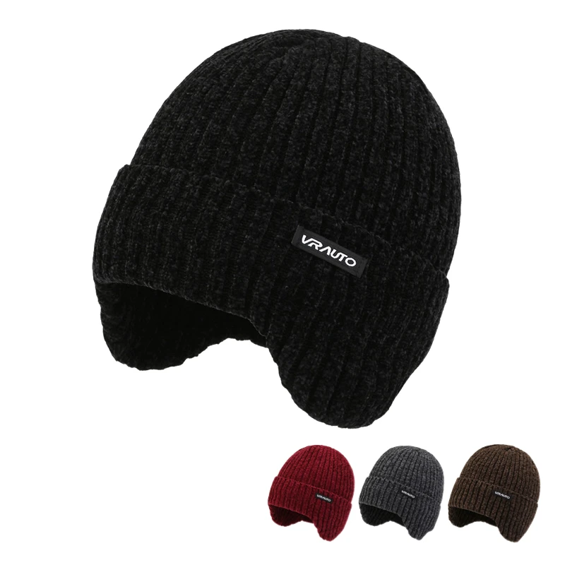 FF1659 Thick Chenille Knit Earflap Hat Warm Skull Cap Fleece Lined Winter Hats Fleece Lined Beanie for Mens