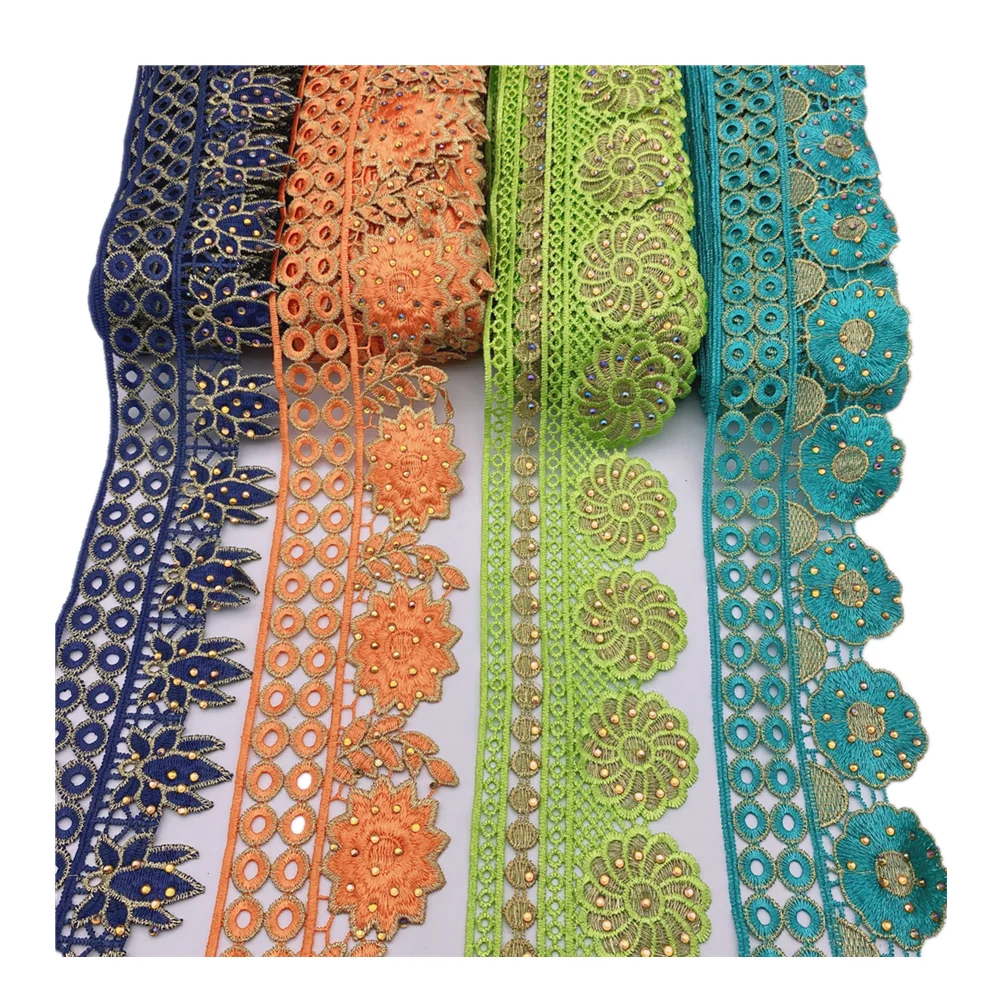 Beaded Sequin Rhinestones Floral Embroidered Lace Fabric Ribbon Trim Crochet Guipure Applique Motif for Wedding Dress