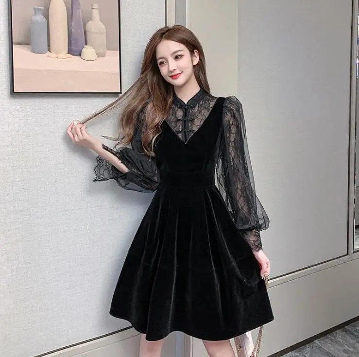 Autumn Winter Hepburn Style Little Black Dress New Lace, Slimming Waist And Long Sleeve Black Dress With Velvet