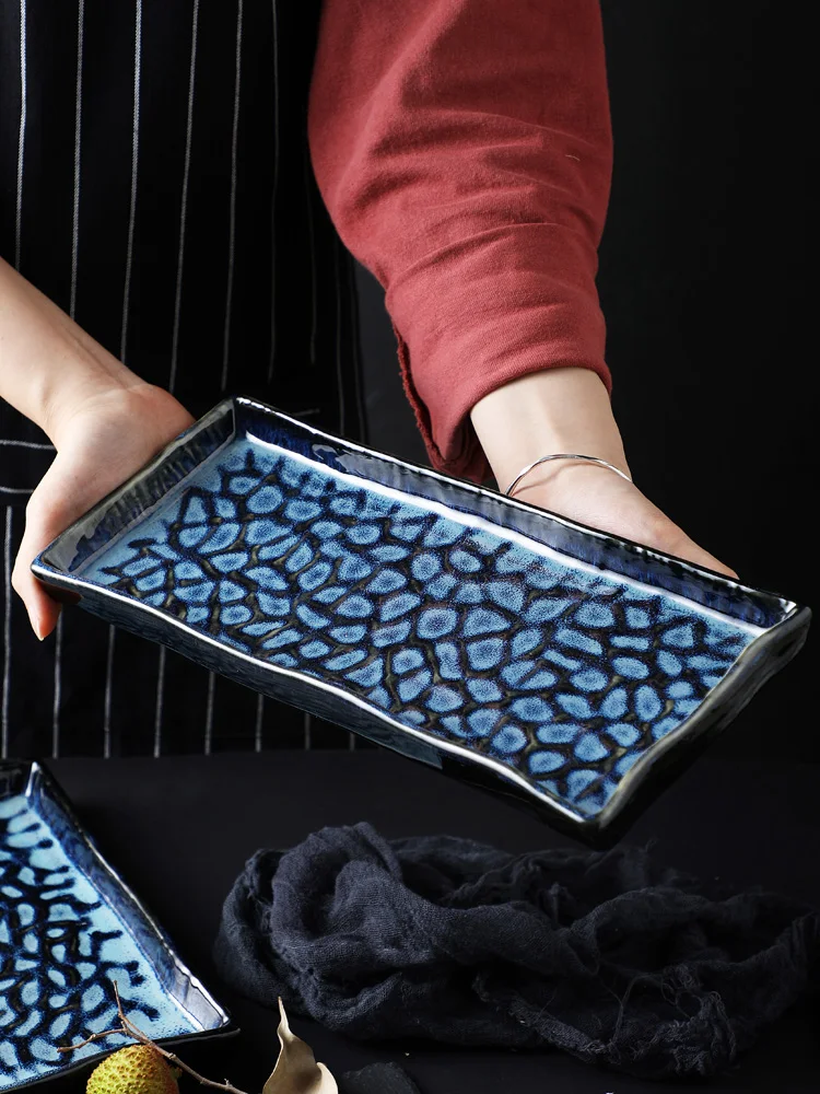 Japanese reactive plate Creative Dinnerware rectangular plate sushi plate Large kiln change ceramic for high-end restaurant