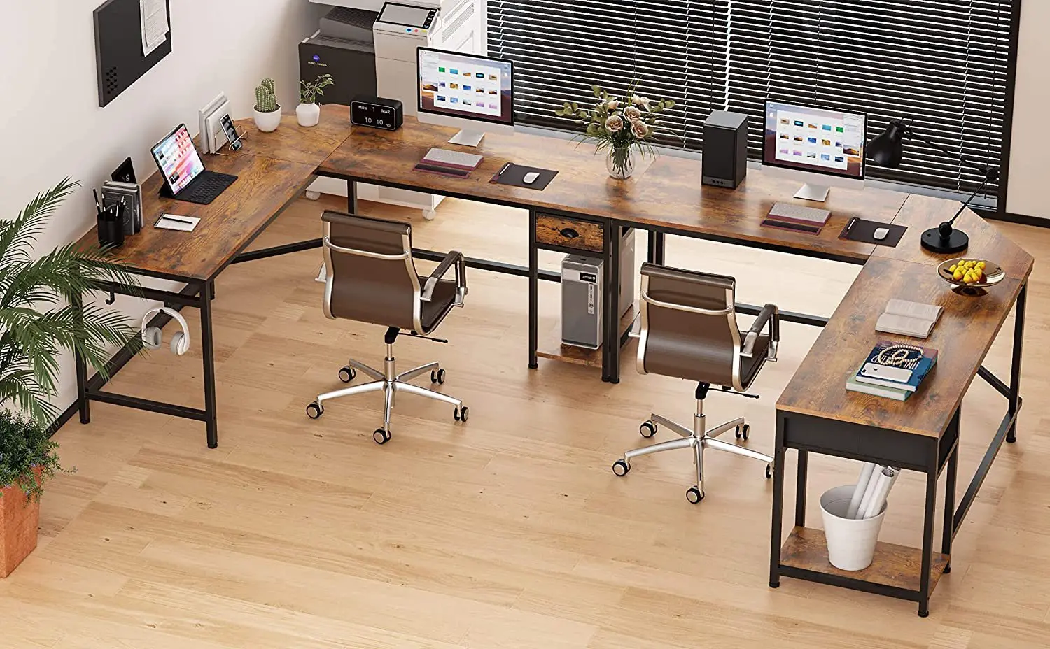 Wood Home Office Corner L Shape Metal Desktop Computer Desk with Bookshelf