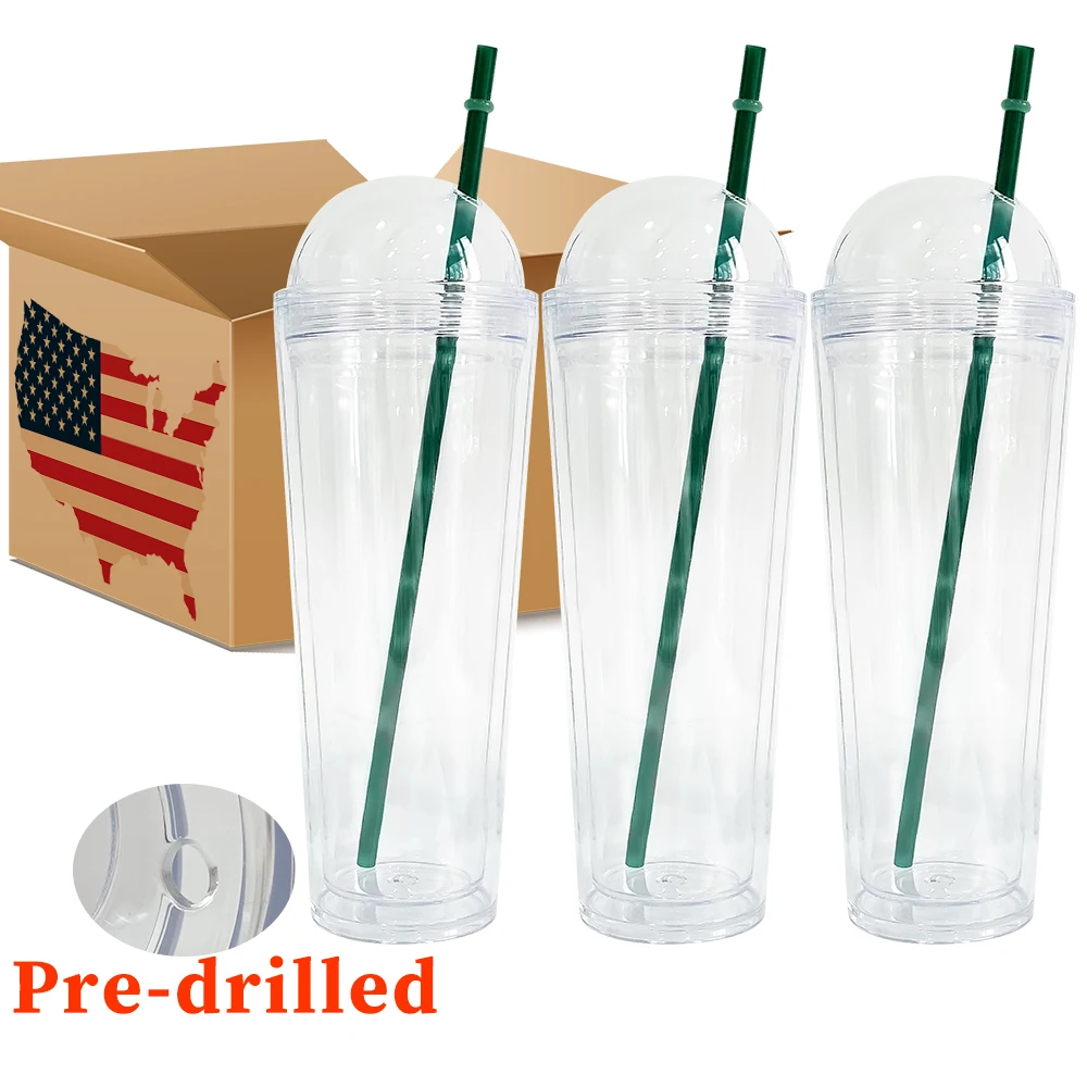 24oz Reusable Plastic Cup Manufacturer Wholesale Pre-drilled Snow Globe  Cups Plastic Acrylic Ice Cream Cone With Lid And Straw