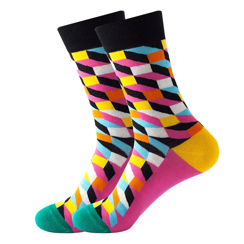 Hot Sale High Quality Soft Breathable Cotton Diamond Argyle Socks Colorful Hip-Hop Crew  Funny Socks For Men