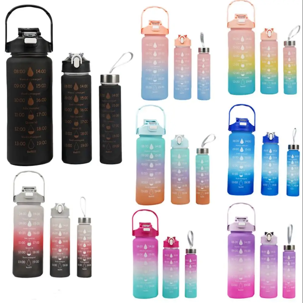2000ML large  plastic drinking sports water bottle set of 3 with straw lid