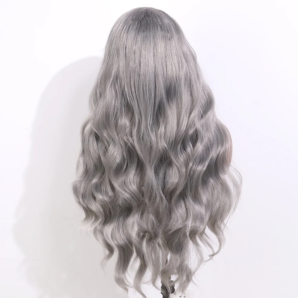  Серый синтетический парик на сетке с длинной волной прозрачный спереди гребнем фронтальный Серебряный мягкий высокое качество