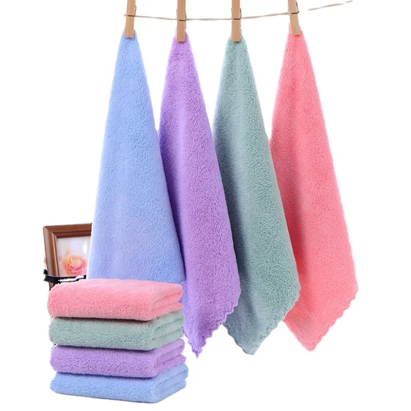 Wholesale  towel absorbent coral fleece small pocket square towel ultrasonic lace edge kitchen towel set 25*25cm