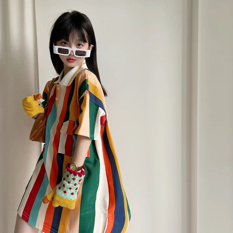 2022 New Fashion Children Girl Colorful Striped Sport Casual Dress 5-15 Years