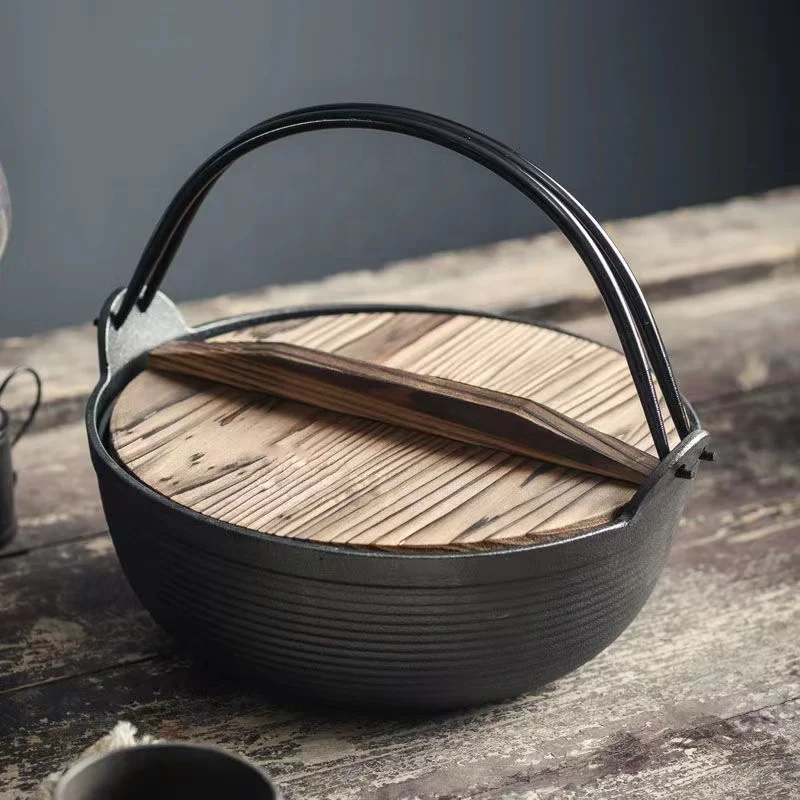 Japanese Style Traditional Cookware Cast Iron Sukiyaki Nabemono Small Personal Size Soup Hot Pot With Wooden Lid