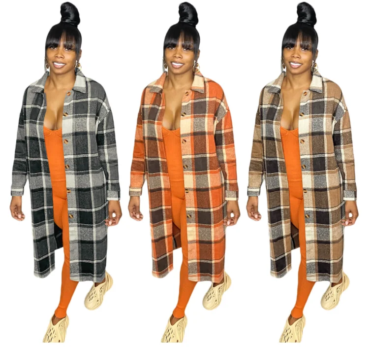 2021 Fashion winter woman casual coat loose button turndown shirt long plaid flannel jackets women
