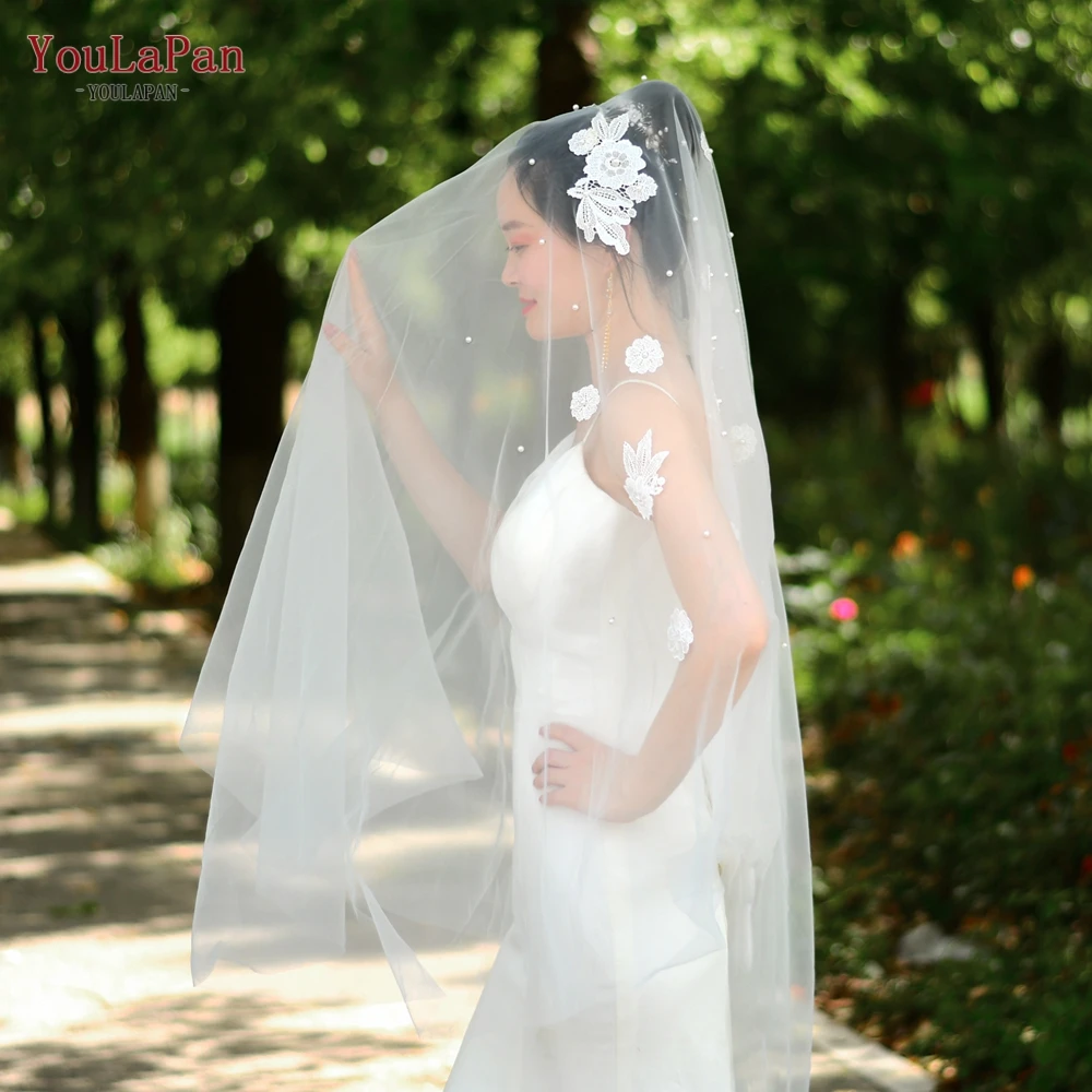  YouLaPan V61Fabric Цветочная мягкая Свадебная двухслойная кружевная жемчужная вуаль белые свадебные аксессуары длиной 2