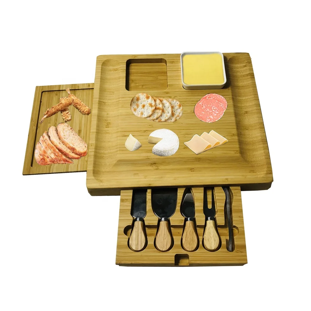 Space saver design eco friendly wood serving cutting board bamboo cheese board and knife with sections