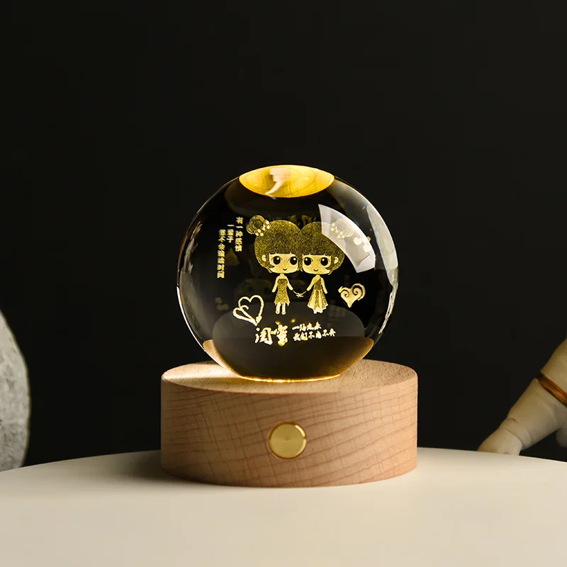 Glowing rain cloud healing crystal ball night light indoor bedroom wooden round base table lamp ornament