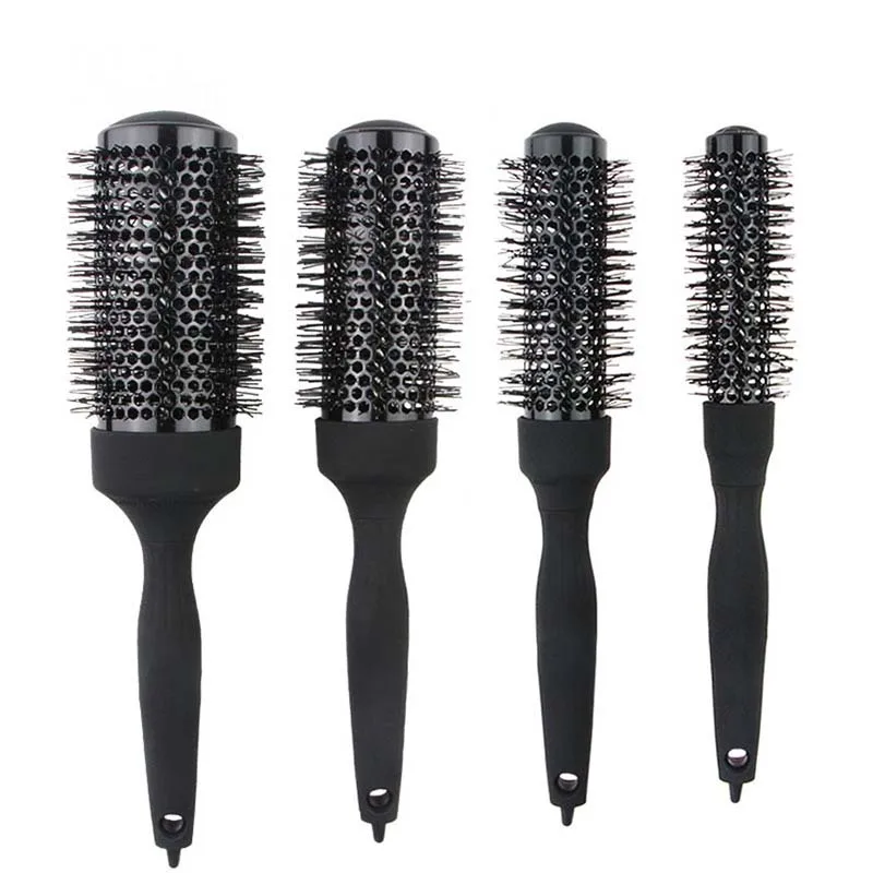 Custom Logo Black Aluminum Tube Round Hair Brush For Ceramic Curly Hair Detangling Hair Ionic Care Professional Barber Salon