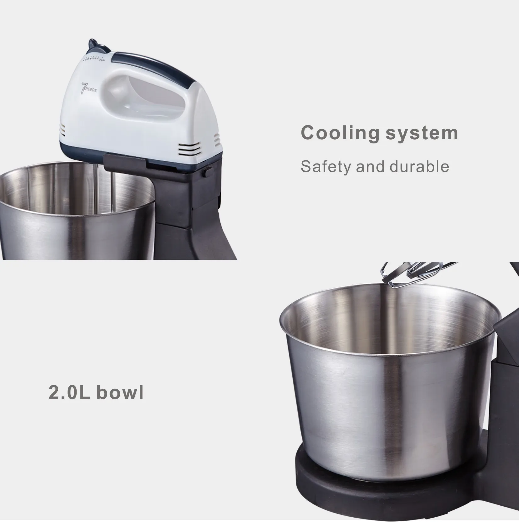 150W  7 Speeds Dough Cake Hand Electric Stand Mixer With 2.0L Stainless Steel SS Mixing Bowls