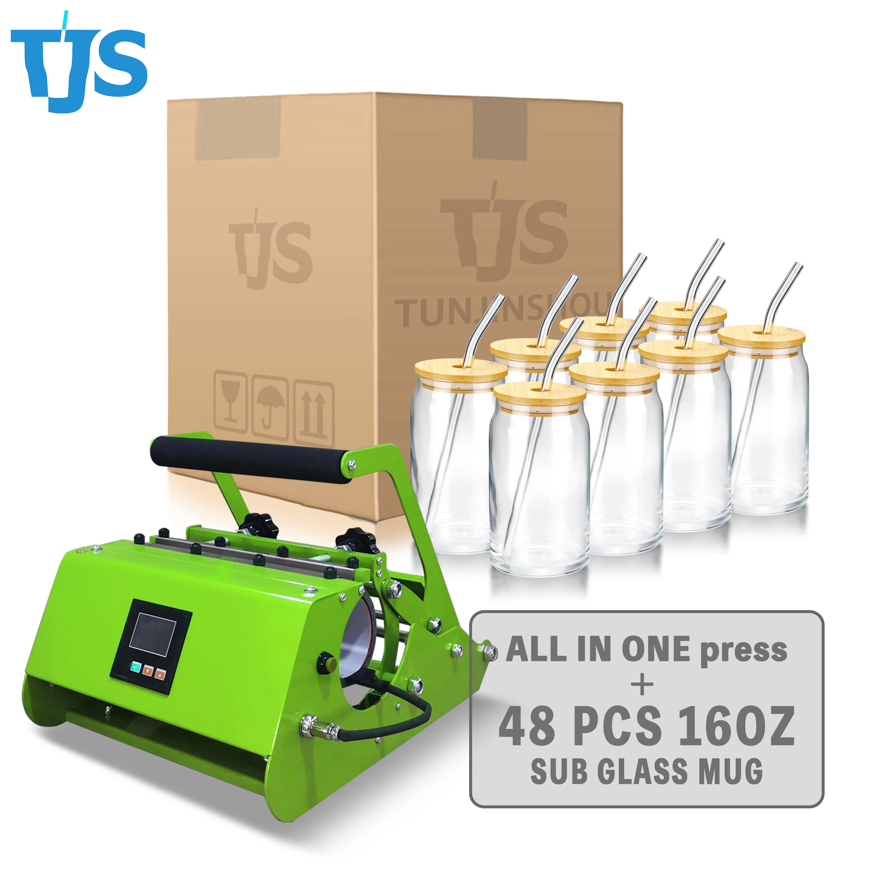 TJS Combo 9 Colors Tumbler Heat Press with 1 Case Of 16oz Sublimation Glass Beer Cans Clear Or Frosted With Bamboo Lid and Straw
