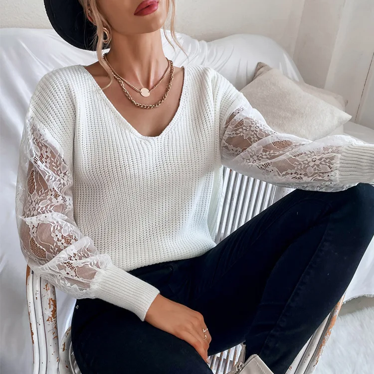Wholesale White Design Fashion Sweater V-Neck Knit Sweaters Women Fall Women Designer Lace Stitching Sweaters